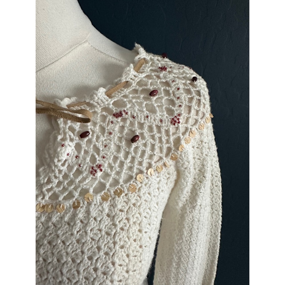Vintage Rampage Beaded Crochet Boho Top Ramie Cotton‎ Y2K White Small - Picture 3 of 8